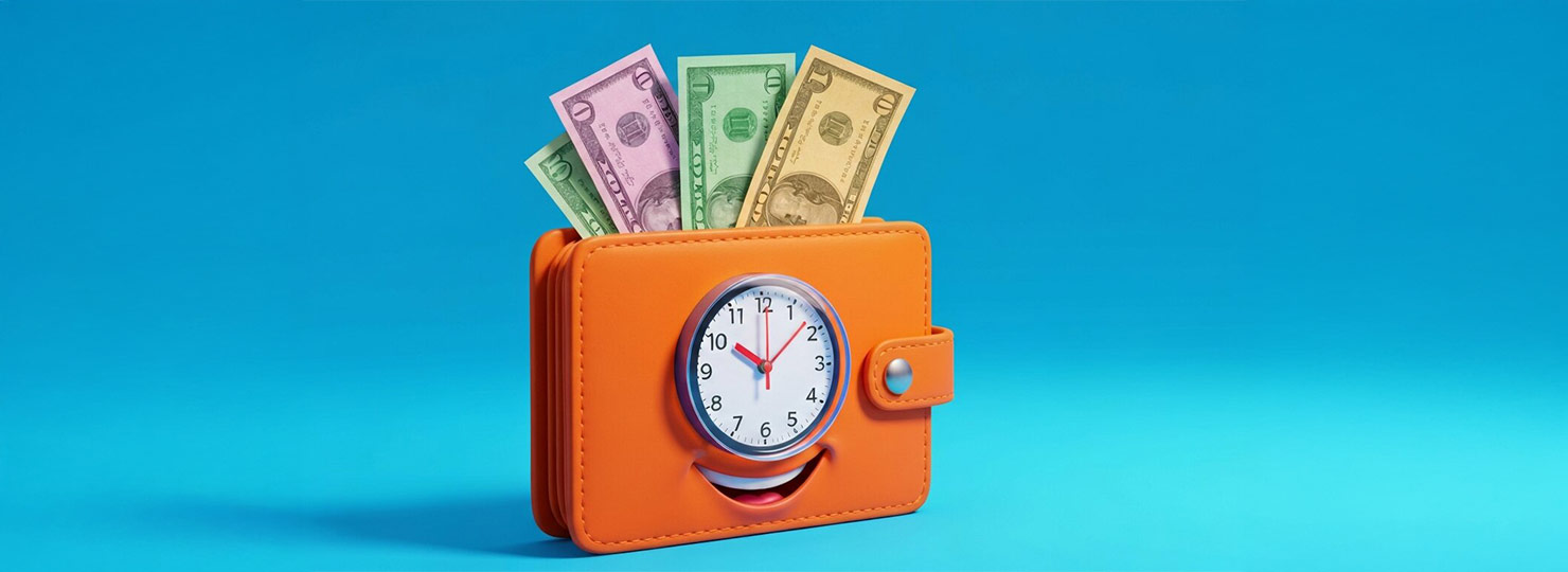Wallet with cash and clock