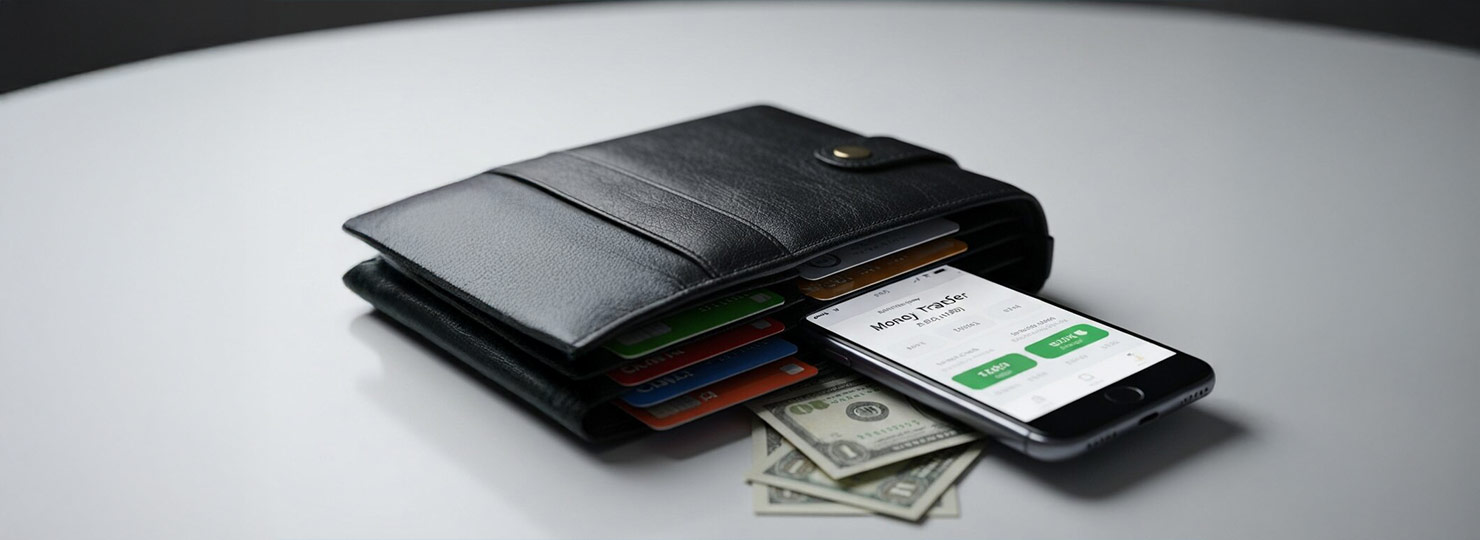 Wallet with cash and phone app