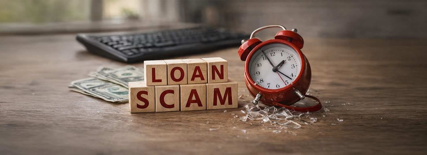Wooden blocks spelling loan scam next to a red alarm clock and cash on a table