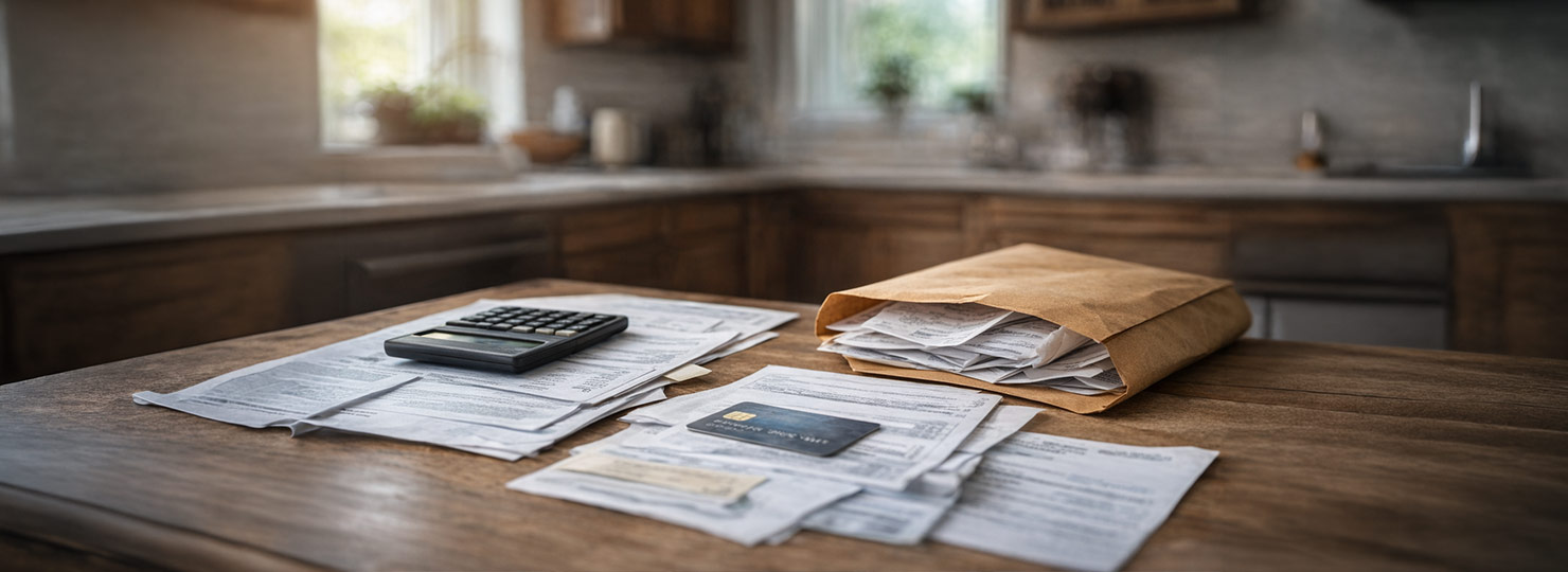 Stack of bills calculator and loan paperwork on a table representing financial stress