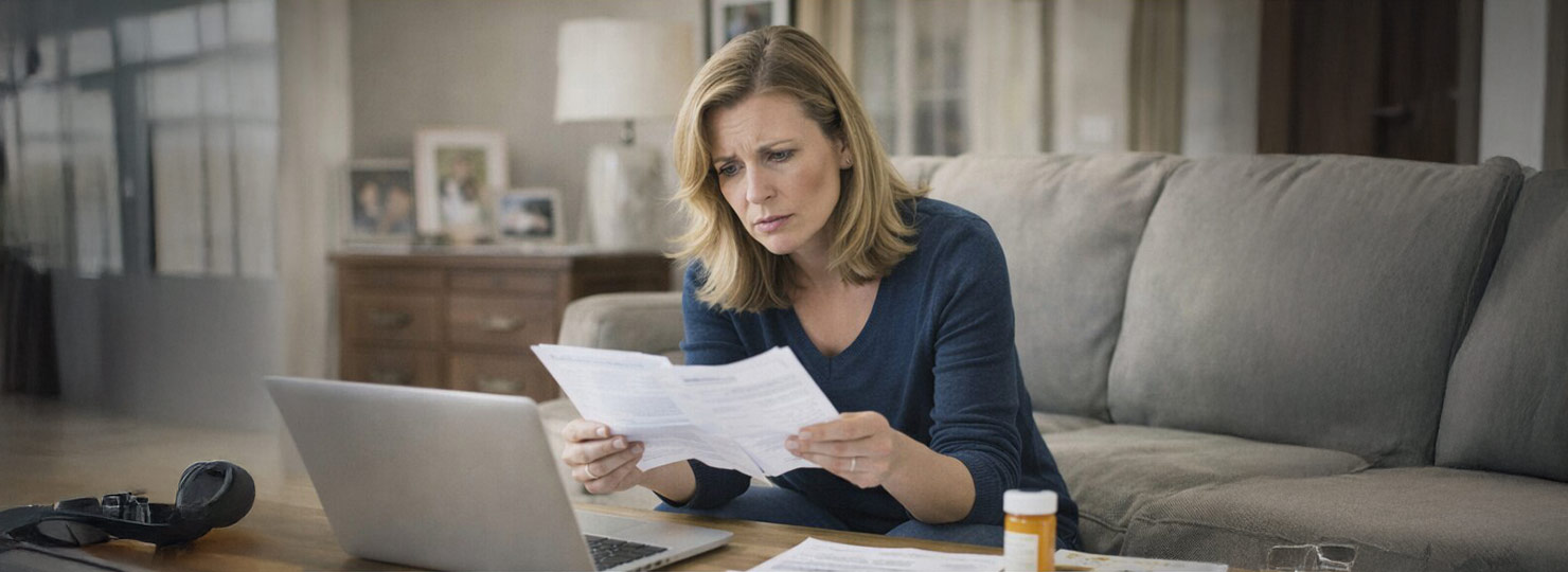 A borrower reviewing medical bills while looking concerned on a couch with a laptop nearby