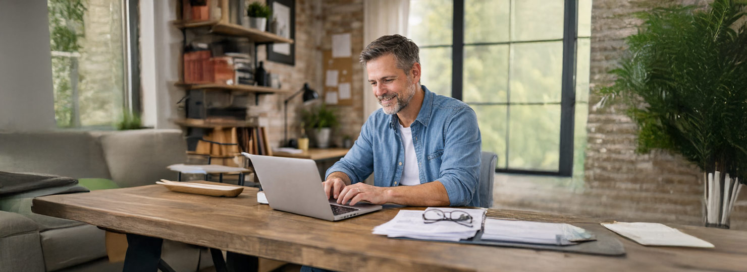 A middle-aged man working on a laptop in a bright home office during a career transition