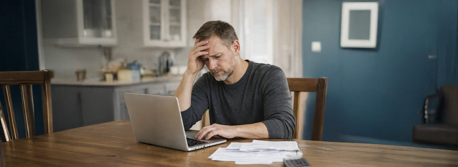 A stressed borrower reviewing bills at a kitchen table while looking at a laptop