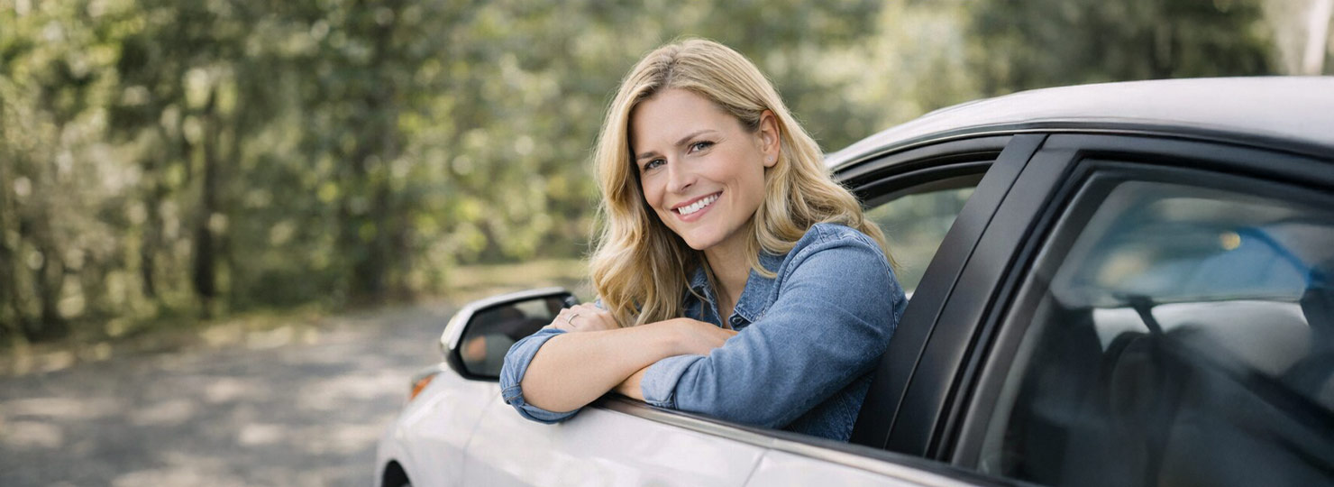 A woman smiling outdoors beside her car after taking steps to rebuild her credit