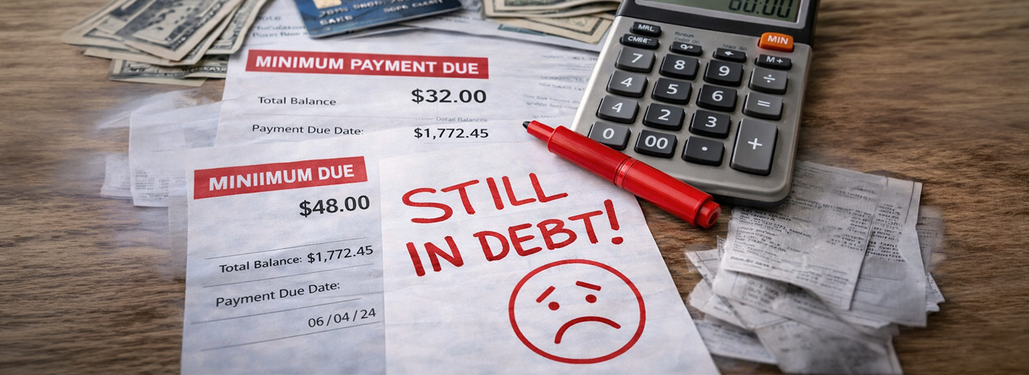 Credit card bills, calculator, and debt reminder message on a table